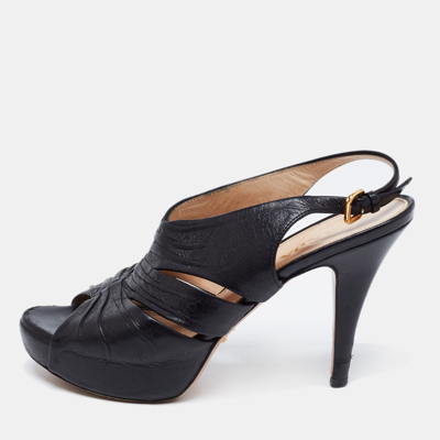 Pre-owned Prada Black Leather Strappy Open Toe Slingback Platform Sandals Size 37.5