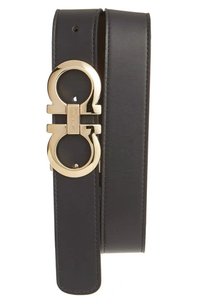 Ferragamo Men's Reversible Double-gancini Leather Belt In Black
