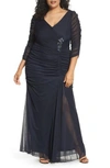 Adrianna Papell Plus Size Three-quarter-sleeve Ruched Gown In Ink