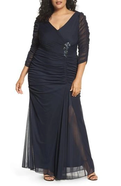 Adrianna Papell Plus Size Three-quarter-sleeve Ruched Gown In Ink