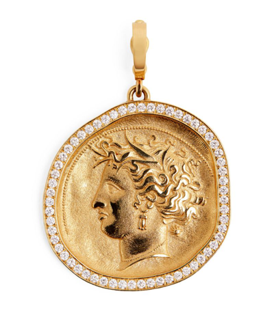 Azlee Large Yellow Gold And Diamond Goddess Coin Charm