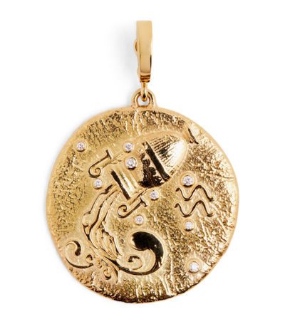 Azlee Large Yellow Gold And Diamond Aquarius Coin Charm