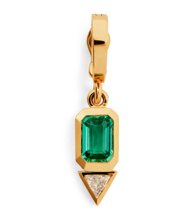 Azlee Yellow Gold, Diamond And Emerald Charm In Green