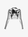 Versace Black And Gray Crop Top In Stretch Fabric With Allover Barocco Print Woman In Black/white