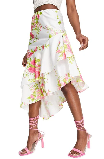 Asos Design Satin Asymmetric Ruffle Midi Skirt In Rose Floral Print-multi