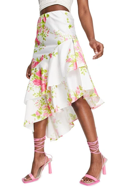 Asos Design Satin Asymmetric Ruffle Midi Skirt In Rose Floral