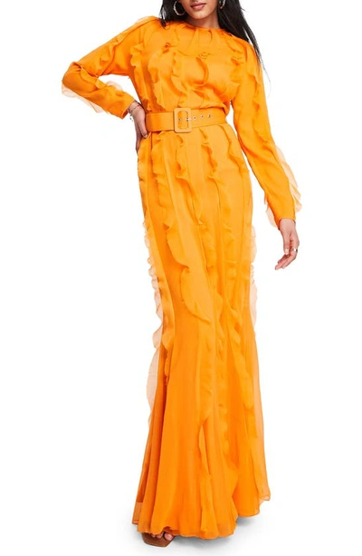 Asos Design Long Sleeve Ruffle Detail Maxi Dress In Bright Orange Chiffon