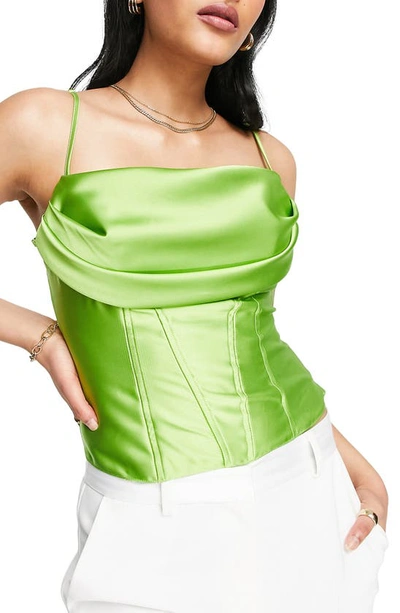 Asos Design Satin Cowl Neck Corset Cami With Seam Detail In Jasmine Green