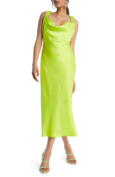 Asos Design Satin Cowl Front Midi Dress With Ruched Strap Detail In Bright Green