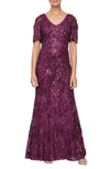 Alex Evenings Sequin Lace Cold Shoulder Trumpet Evening Gown In Plum