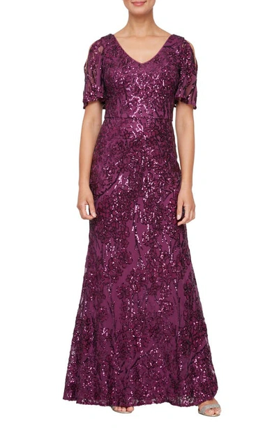 Alex Evenings Sequin Lace Cold Shoulder Trumpet Gown In Plum