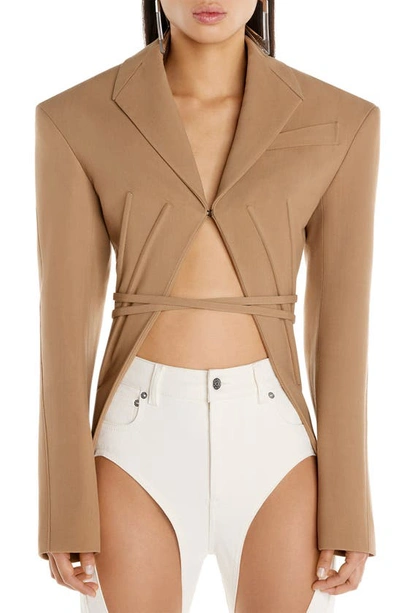 Mugler Wide Shoulder Cutout Corseted Wrap Jacket In Neutrals