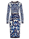 Dolce & Gabbana Blu Mediterraneo Painterly Long-sleeve Midi-dress In Blue