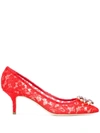 Dolce & Gabbana Bellucci 60 Brooch Embellished Lace Pumps In Red