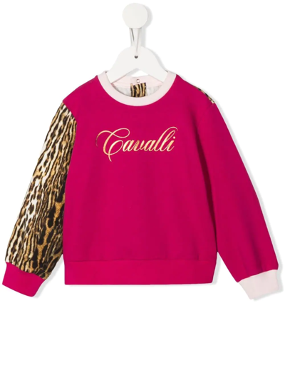 Roberto Cavalli Junior Leopard-print Logo Sweatshirt In Rosa