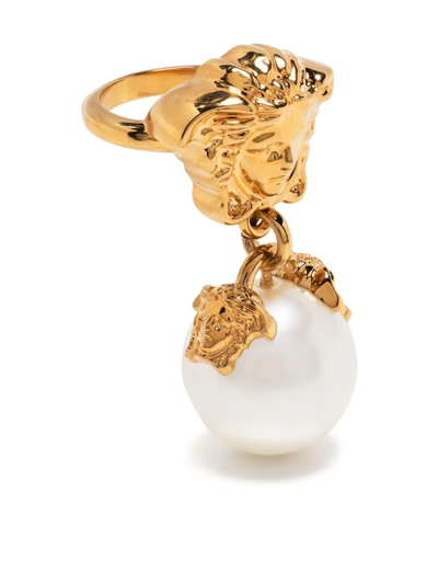 Versace Women's Medusa Dangling Faux Pearl Ring In White