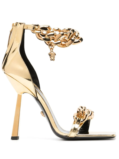 Versace 110mm Metallic Leather Sandals In Gold