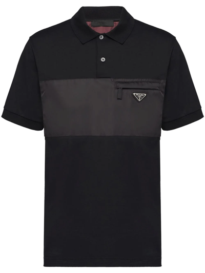 Prada Nylon-panelled Stretch-cotton Polo Shirt In Black