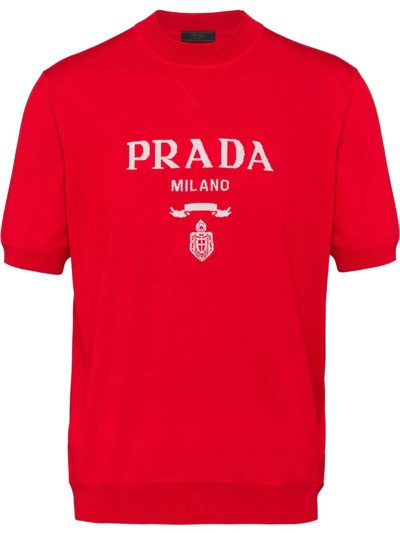 Prada Intarsia Logo Knitted Top In Red