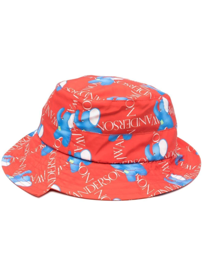 Jw Anderson Asymmetric Bucket Hat With Elephant Motif In Red