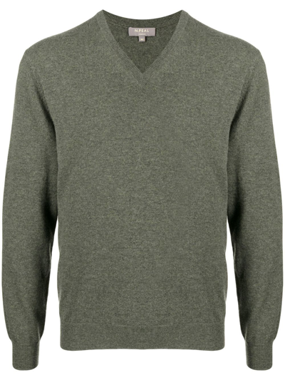 N•peal Organic-cotton V-neck Jumper In Green