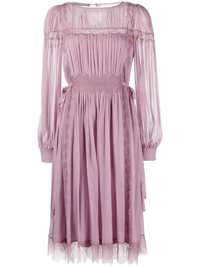 Alberta Ferretti Long-sleeved Silk Midi Dress In Lilac