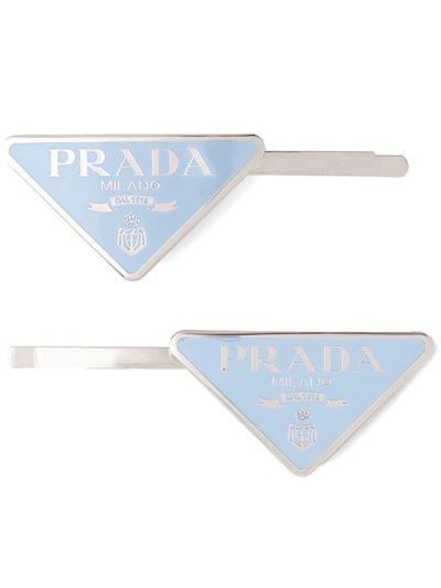 Prada Triangle Logo Hairclip Set In Light Blue