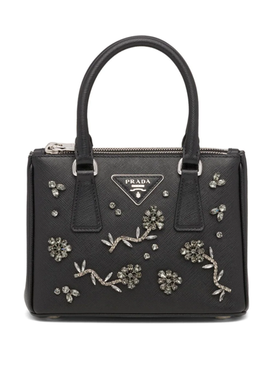 Prada Galleria Crystal-embellished Mini Bag In Black