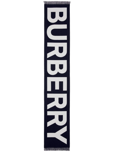 Burberry Jacquard-logo Fringed Scarf In Blue