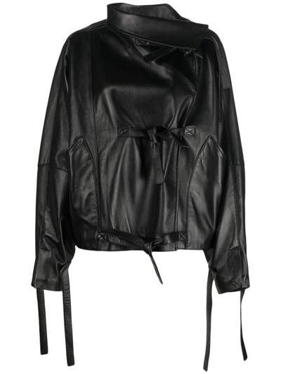 Manokhi Selene Side-tie Oversize Leather Jacket In Black