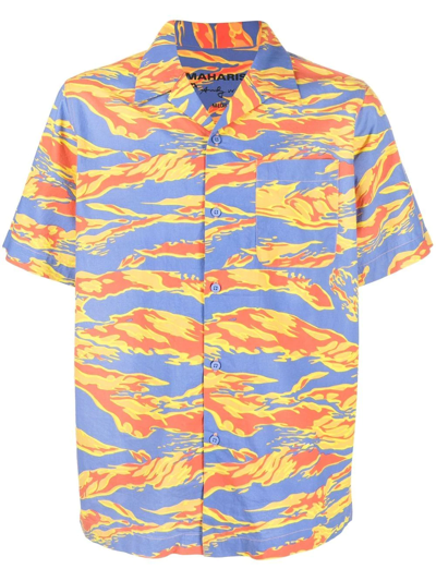 Maharishi Graphic-print Camp-collar Shirt In Blau