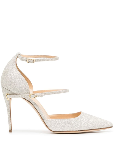 Jennifer Chamandi Enrico Ankle-strap 105mm Leather Pumps In Silber