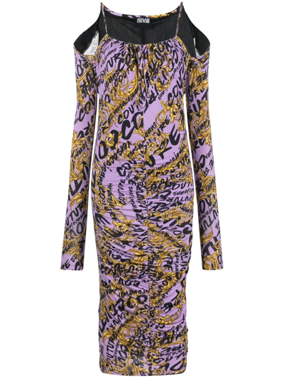 Versace Jeans Couture All-over Logo-print Gathered Dress In Purple