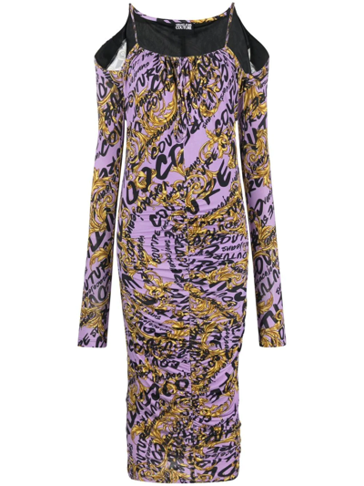 Versace Jeans Couture All-over Logo-print Gathered Dress In Glicine-oro