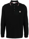 Moncler Long Sleeves Cotton Piquet Polo Shirt In Black
