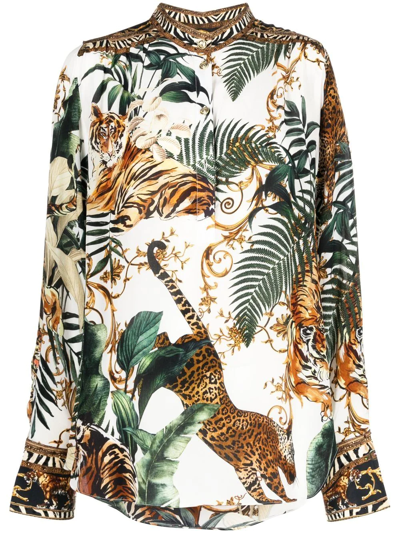 Camilla Button Placket Tiger-print Silk Blouse In Tiger Trap