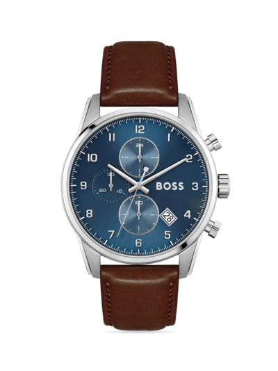 Hugo Boss Skymaster Men's Chronograph Brown Leather Strap Watch 44mm In Silver