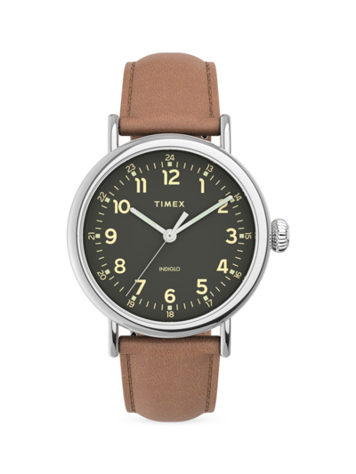 Timex Standard Leather Strap Watch, 40mm In Brown Silver Tone Green