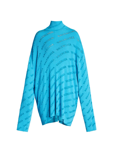 Balenciaga Logo Devore Turtleneck Rib Oversize Sweater In Blue