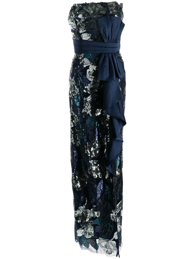 Marchesa Notte Sequin-embellishment Drape-detail Evening Dress In Blue
