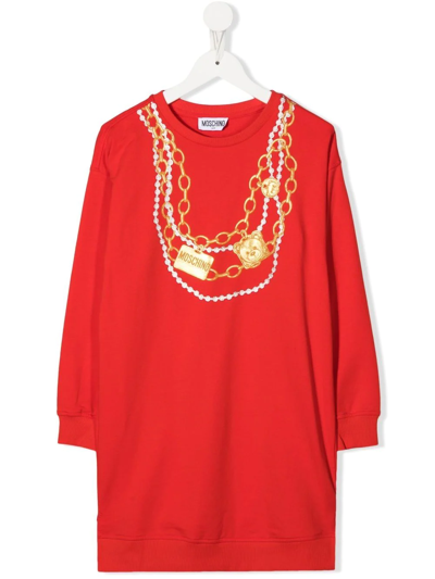 Moschino Kids' Chain Link-print Sweatshirt Dress In Red