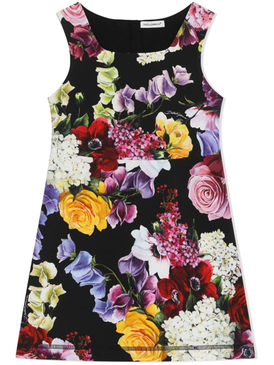 Dolce & Gabbana Kids' Black Hydrangea Print Cotton Midi Dress In Multicolor