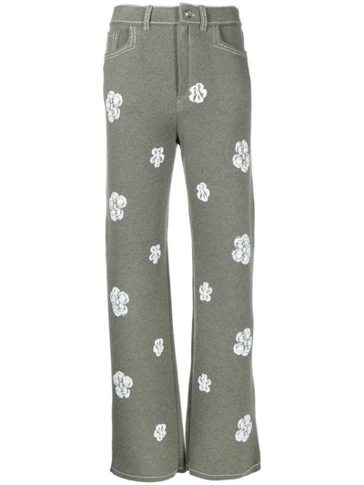 Barrie Floral-detail Knitted Trousers In Green