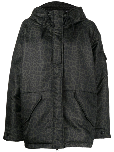 Moncler Leopard Print Padded Hooded Jacket In Green