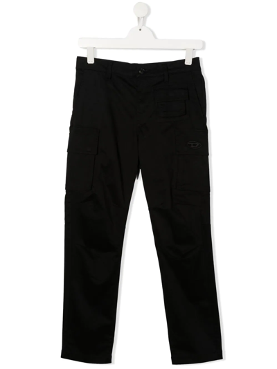 Diesel Teen Embroidered-logo Cargo Trousers In Black