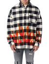 Palm Angels Man Black And White Check Cotton Overshirt With Burning Flames Print In Black White