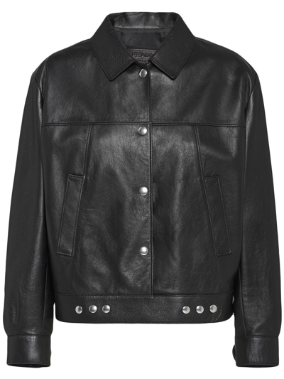 Prada Cropped Buttoned Leather Jacket In Black