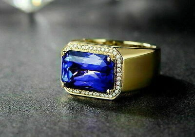 Pre-owned Earleen Jewels Yellow Plated Men's Classic Pinky Ring With 3.20ct Emerald Blue Sapphire Studded