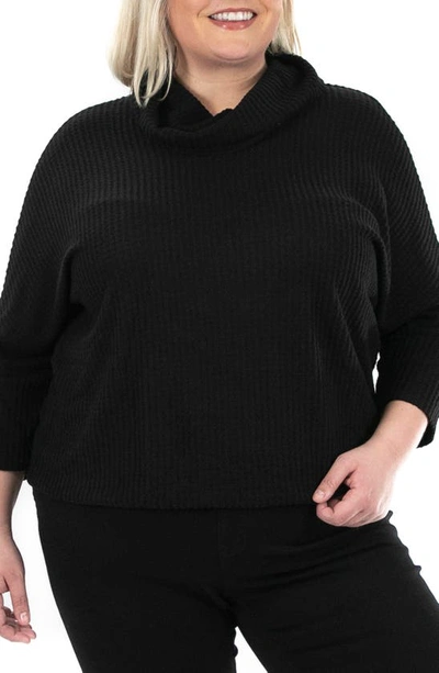 Nina Leonard Waffle Knit Cowl Neck Top In Black