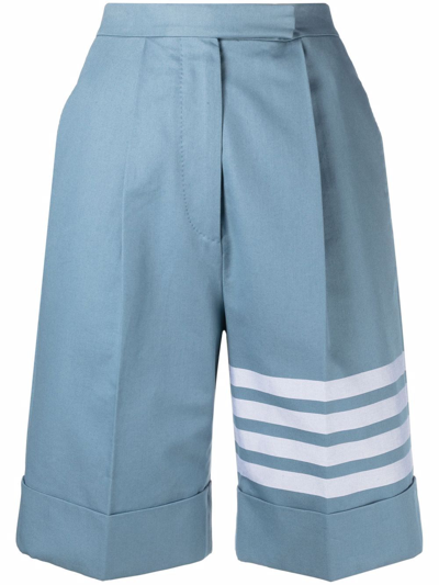 Thom Browne 4-bar High Waist Pleated Cotton Twill Bermuda Shorts In Blue